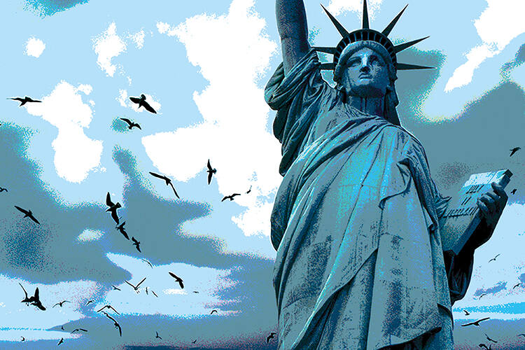 Art of statue of liberty and some birds flying around it