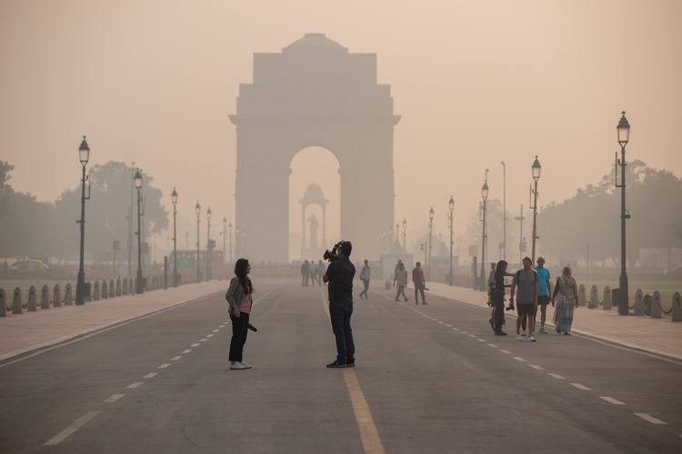 New Delhi, India-Nov 1 2023: media reporting Air Pollution from Kartavya Path near India Gate. The air quality has dropped severely.