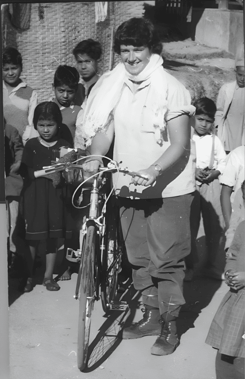 Dervla and bike in Dharamshala, India, 1963