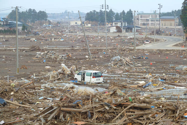 Disaster zone after 2011 Japan Tohoku earthquake, in Sendai Airport area