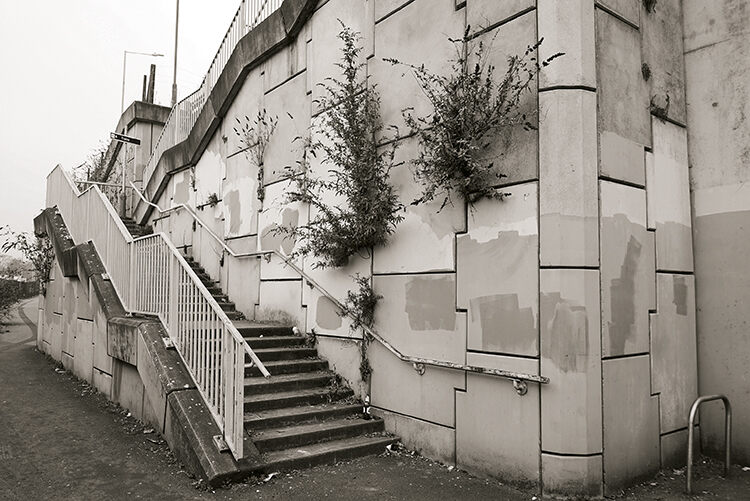 Graffiti-purged steps to the local train station