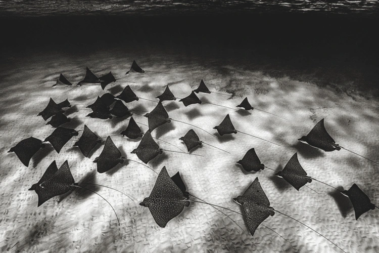 A fever of eagle rays dances across the ocean floor. The Bahamas