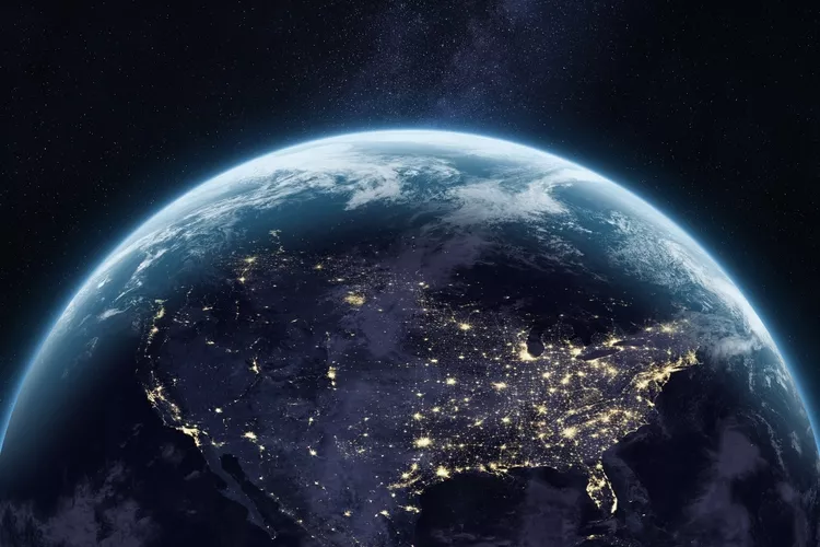 Planet Earth in outer space. North America. Night on planet with cities lights. United States, Canada, Mexico at night viewed from space. Nightly Earth. Elements of this image furnished by NASA.