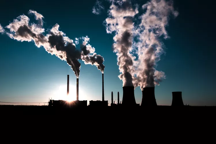 coal fired power station silhouette at sunset, Pocerady, Czech republic