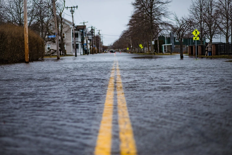 The streets of Newport Rhode Island after a Nor'Easter hit the area with heavy winds and storm surges from the Atlantic Ocean