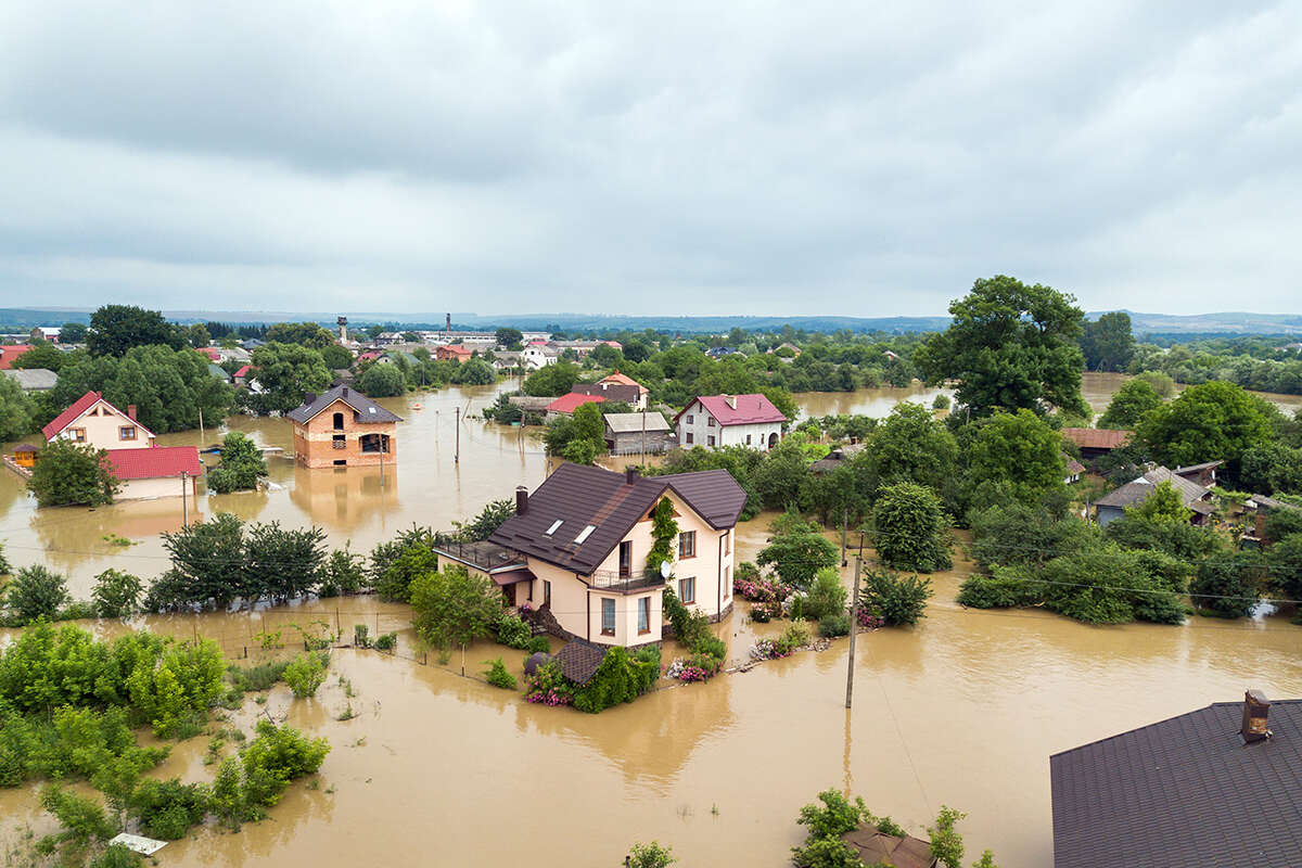 Aerial photo of flooding in Halych town, western Ukraine