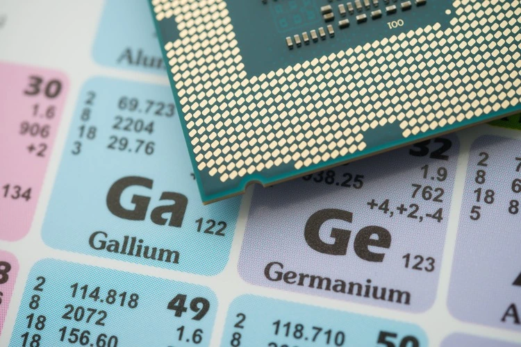 Ge (Germanium) Ga (Gallium) in the periodic table with CPU processor. US vs China chip war or tech war, microchip semiconductor industrial concept. China curbs on exports of rare germanium and gallium