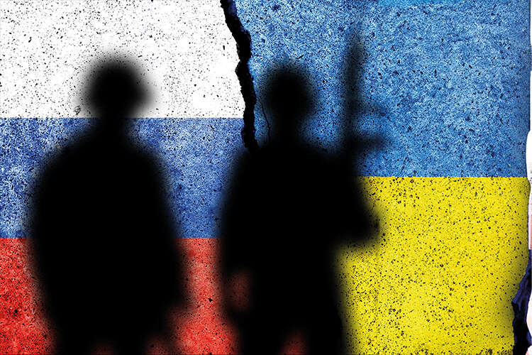 Two soldiers stand infront of russian and ukrainian flag concept art
