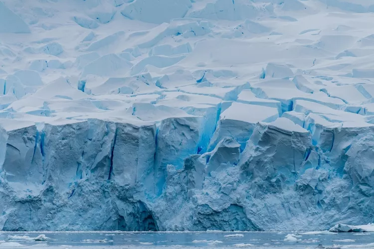 Close-up of the melting ice of a glacier wall on Danco Island, along the Antarctic Peninsula