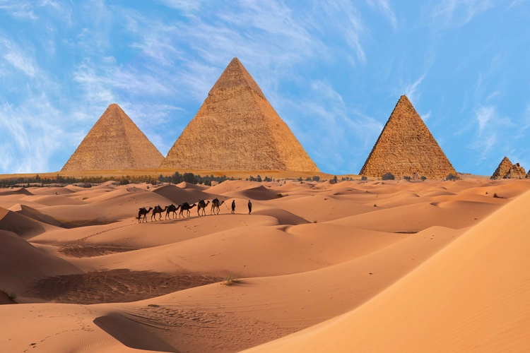 Camel caravan in front of the Great pyramid of Giza complex - Cairo, Egypt