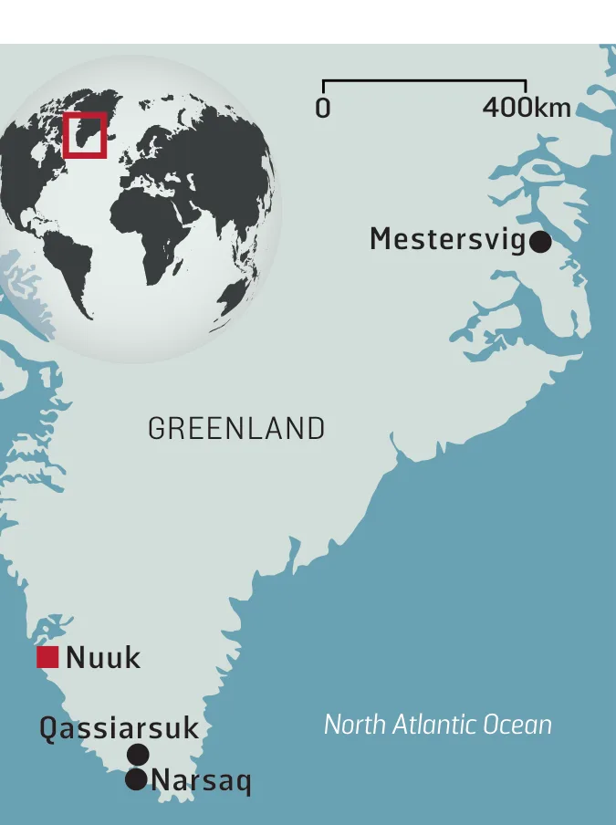 Map of Greenland showing Nuuk, Qassiarsuk, Narsaq and Mestersvig