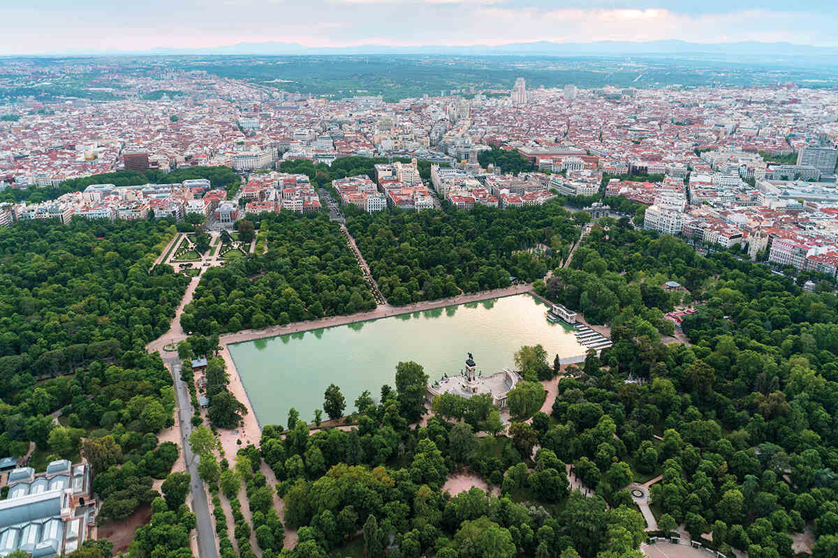 An aerial view of Retiro Park in Madrid