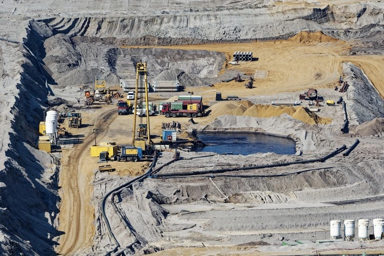 Elsdorf, Germany, May 11, 2022: pumping out groundwater at the bottom of the hambach open pit lignite mine