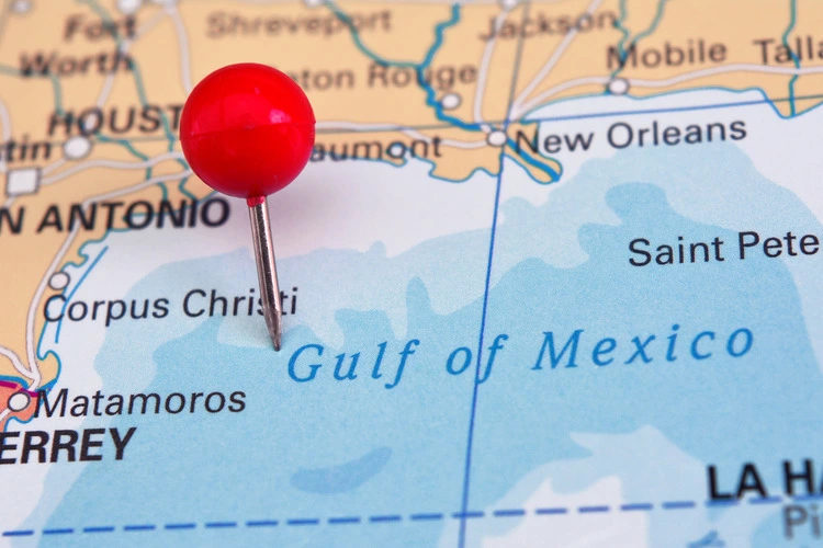 Gulf of Mexico marked on map with red pin