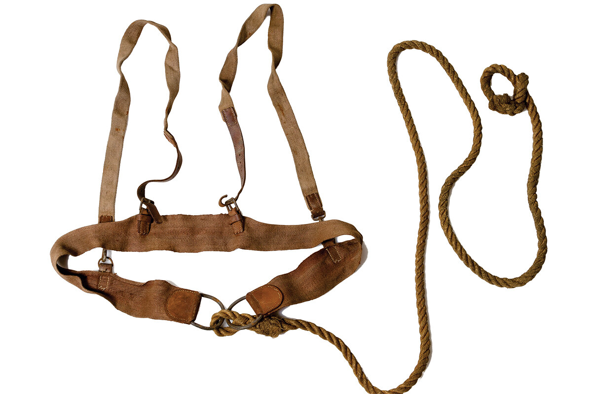 A brown textile man-hauling harness used during the British National Antarctic Discovery Expedition, 1901–04