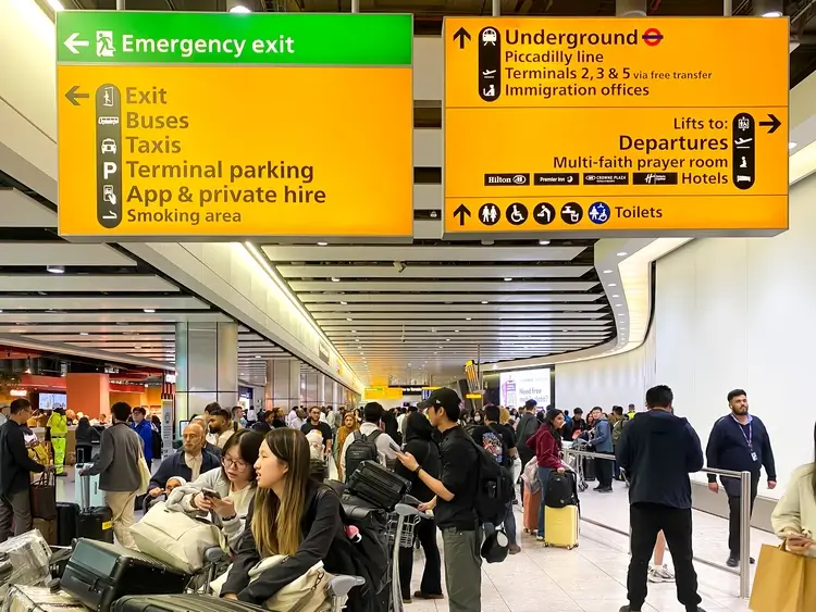 A busy Heathrow Airport in London with passengers 