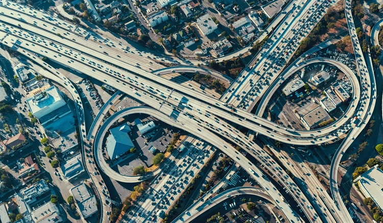 Aerial view of a massive highway intersection in Los Angeles