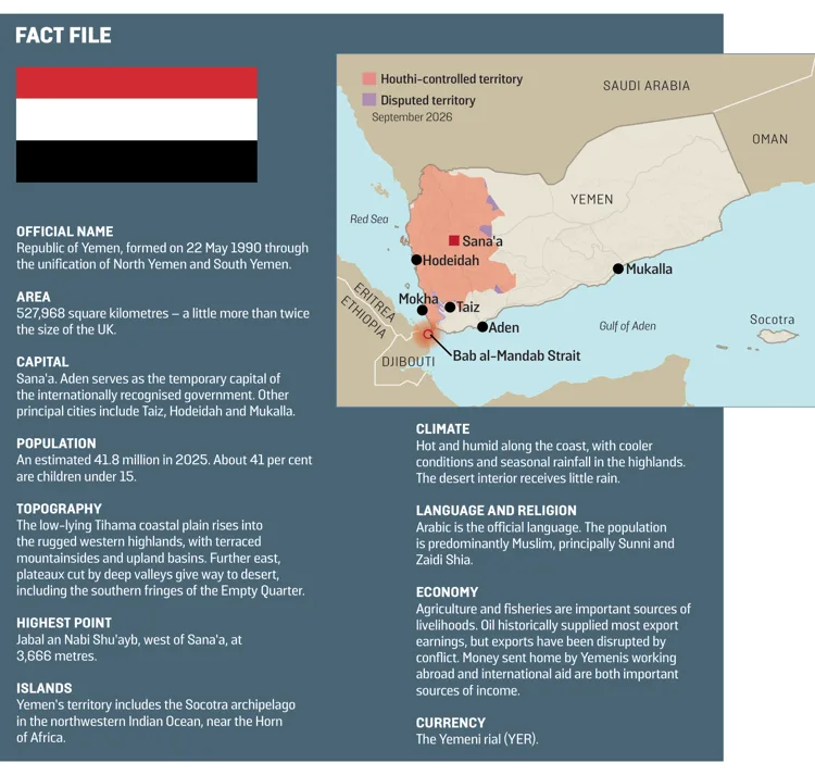 Yemen fact file and map showing cities and areas of Houthi control