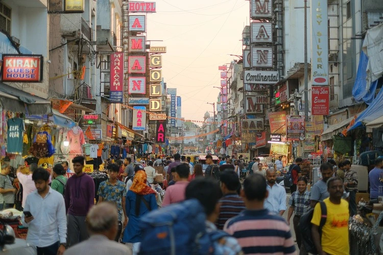 New Delhi, India - April 30, 2024 : Paharganj market street in Delhi,