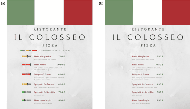 A menu displaying/not displaying carbon food labelling used in a study