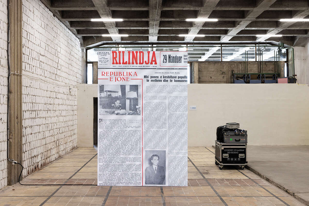 ‘Brutal Times’ by artist Cevdet Erek, installed in the Rilindja Press Palace, a brutalist concrete building from the 1970s