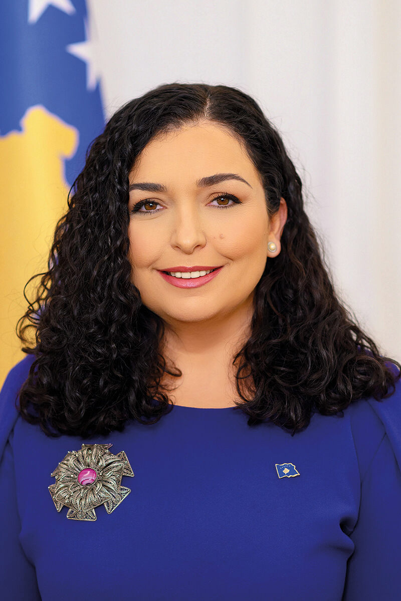 A portrait of Kosovan president Vjosa Osmani-Sadriu