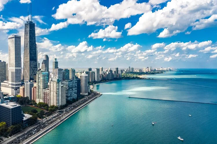 Chicago skyline aerial drone view from above, city of Chicago downtown skyscrapers and lake Michigan cityscape, Illinois, USA