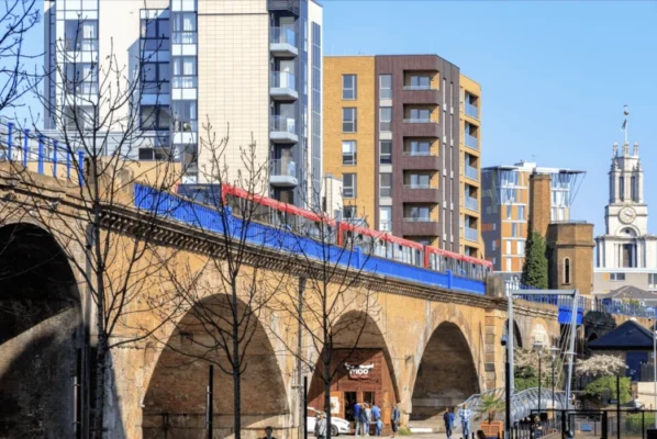 London's East End with a train