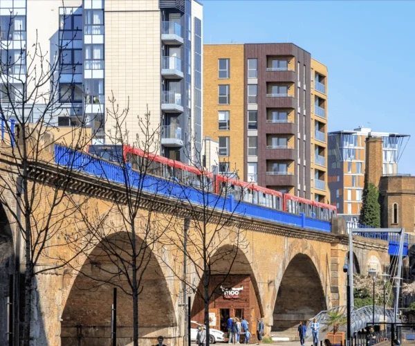 London's East End with a train