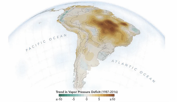 Vapour pressure deficit measures
the difference between the maximum amount of water vapour the air can hold and the amount of water vapour present. The bigger the deficit, the more prone
t
h
e
r
e
g
i
o
n is to fires. The darkest zones
show the areas with the largest deficit
