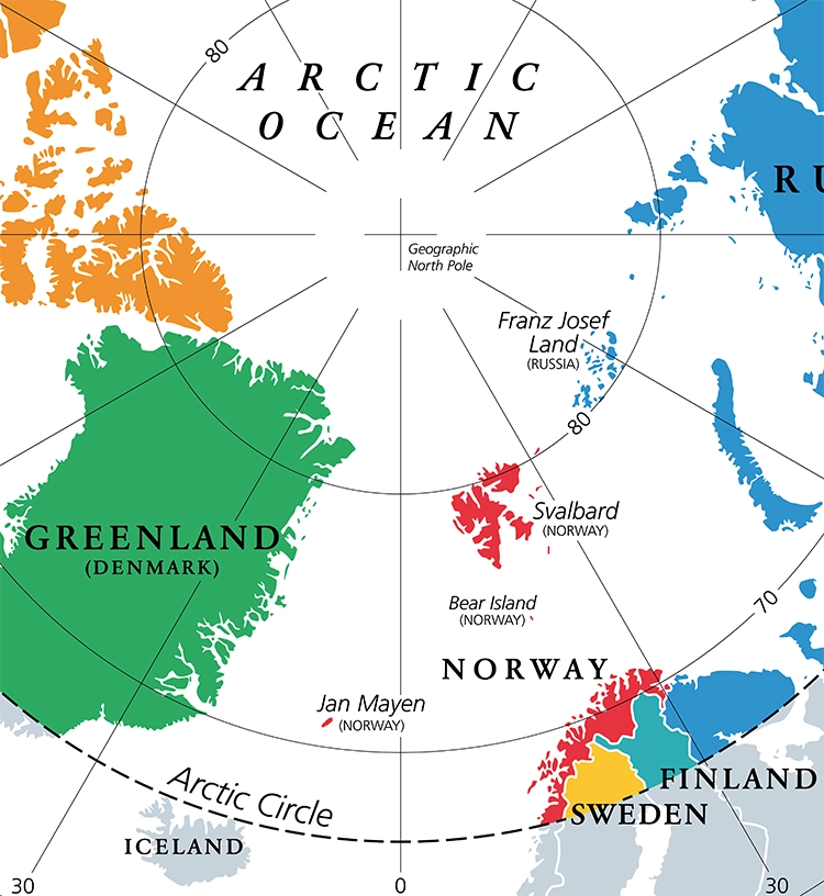 A map shows East Greenland and Svalbard located within the Arctic Circle