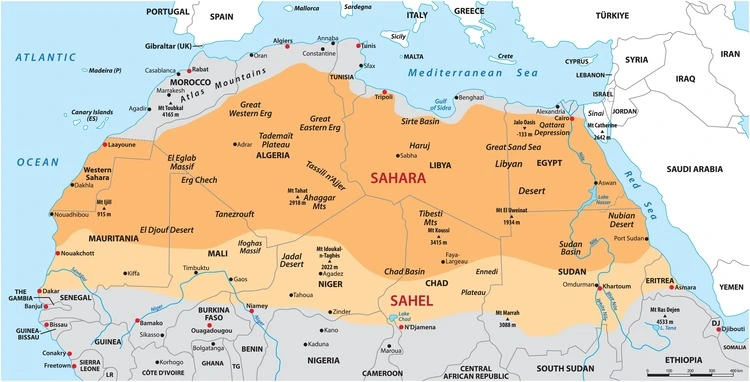 Map of the African Sahara Desert and the Sahel Region