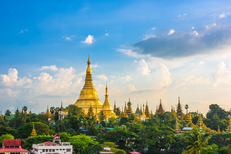 Yangon, Myanmar view of Shwedagon Pagoda at dusk.