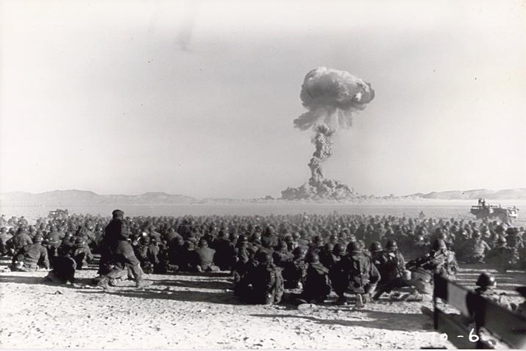 Operation Buster-Jangle, with troops participating in exercise Desert Rock 
- first U.S. nuclear field exercise conducted on land; troops shown are a mere 6 miles from the blast.