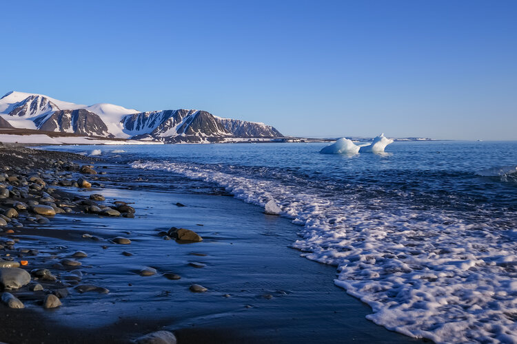 A coastline covered with glaciers of the northern extremity of the Novaya Zemlya archipelago.