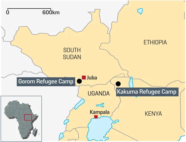 Map showing Gorom Refugee Camp near Juba in South Sudan and Kakuma Refugee Camp in Kenya