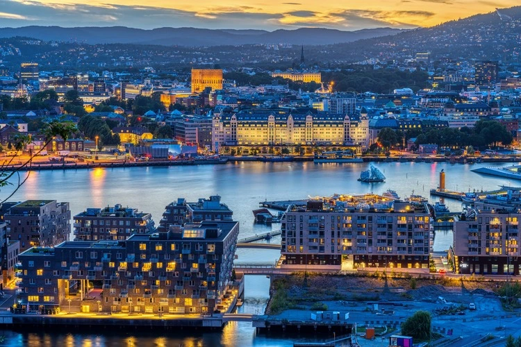 View over Oslo in Norway with the Oslofjord after sunset