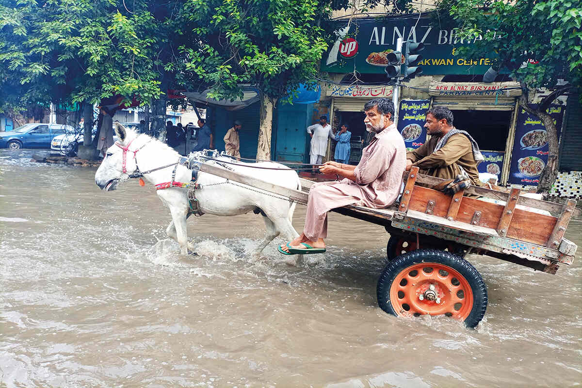 A man on a horse and cart moving through a flooded street in Karachi, Pakistan