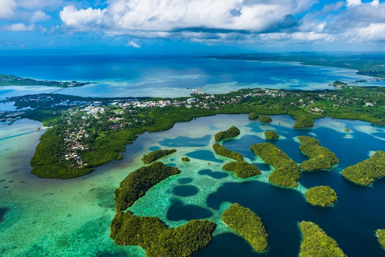 Streets of Palau Koror and coves of coral reefs