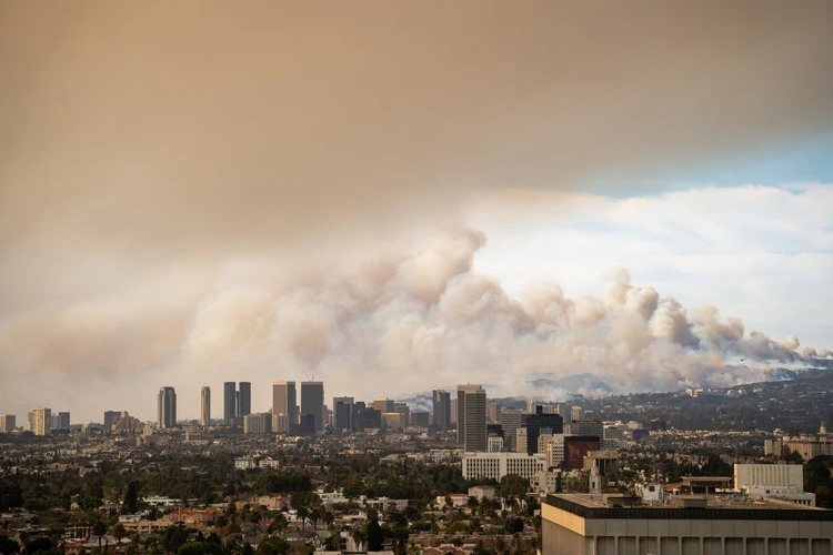 Wildfire in Pacific Palisades, Los Angeles, January 8, 2025, towards Getty Center and Brentwood. Images showcase dense smoke clouds, burning hillsides, and urban areas at risk. 2pm - 3pm.