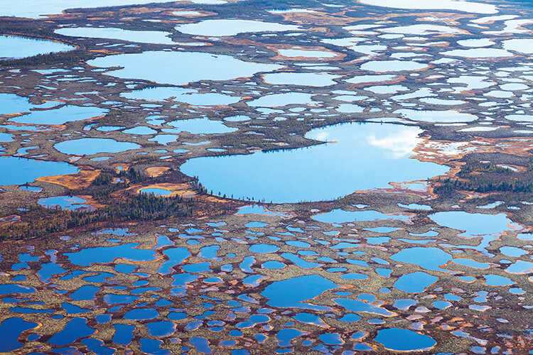 Polygonal lakes such as these in Siberia are formed when permafrost melts