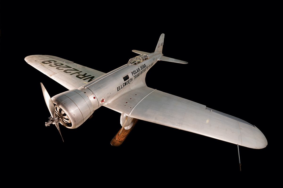 The model of Lincoln Ellsworth’s 1933 Northrop Gamma Polar Star against a black background