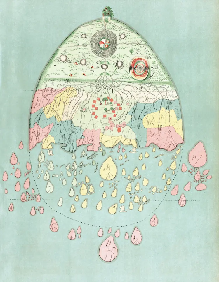 The world as a shattered tear drop, coursed with rivers and breaking apart into tiny islands, and on the top of this, stands a single green tree. This map takes us on a journey, not just across a physical distance, but to a different worldview. It shows the world as the Burmese would have known it in the 18th and 19th centuries.