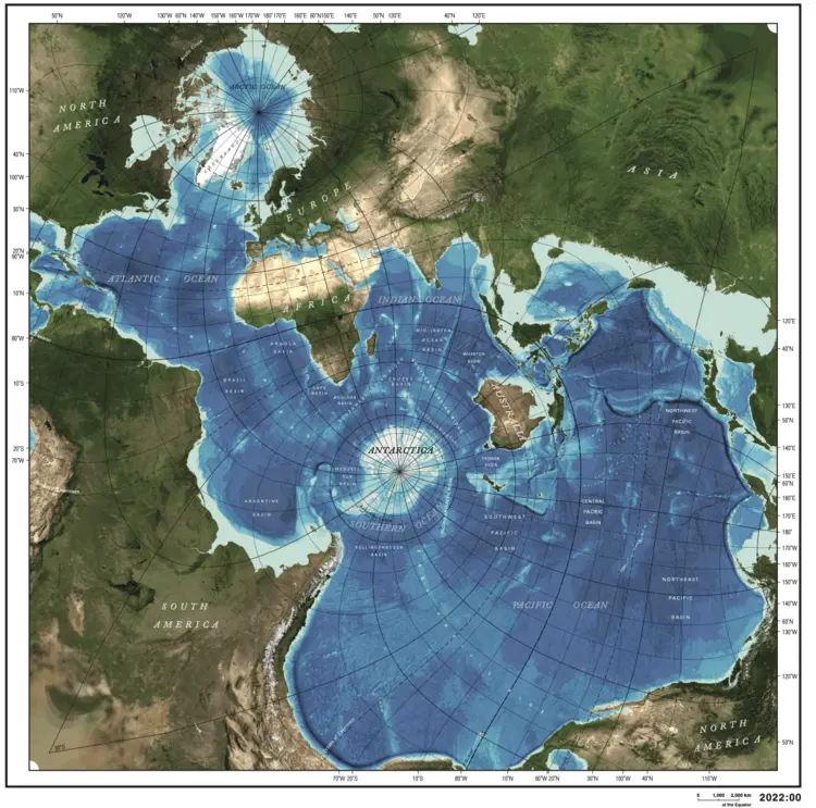 The world is two-thirds water. It’s one of those facts that’s easy to repeat but hard to grasp. That’s why this map is
a revelation. It does a simple thing – it recentres our point of view – and in doing so, it turns our world upside down. Now we can see not only how watery the Earth is, but how the oceans are connected.