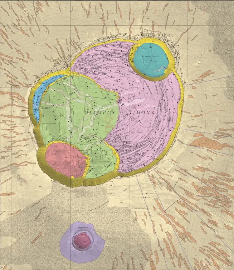 This map of Mars is the most detailed we have. The bright colours highlight the different ages and formation of what is the largest mountain in the solar system - Olympus Mons, 26 kilometres high and covering an area the size of Poland. The two smaller round shapes at the bottom of the mountain are where it has collapsed into itself.