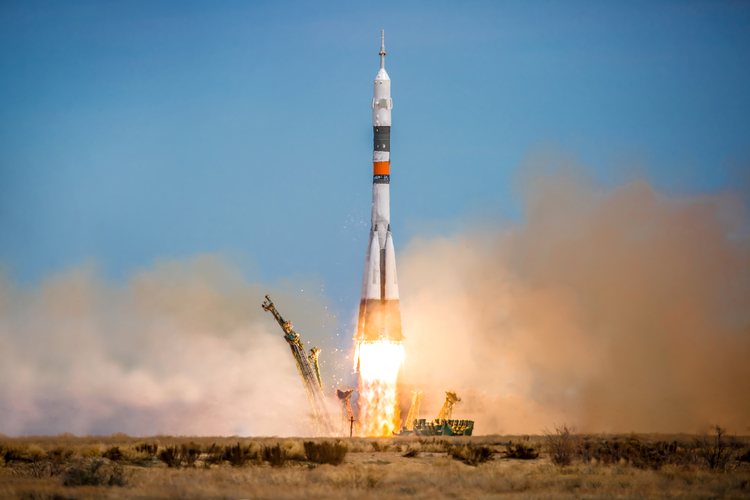 Launch of the Soyuz rocket from the launch pad of the Baikanur cosmodrome, Cosmonautics, launch of the rocket launch