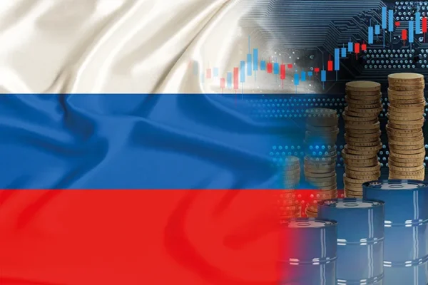 Artwork of Russian flag and stocks and stacks of money