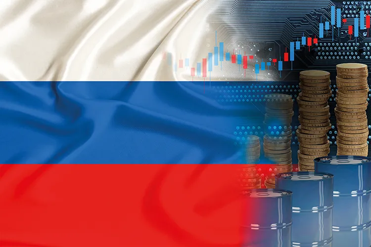 Artwork of Russian flag and stocks and stacks of money