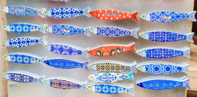 Decorated local ceramic Sardines in Portuguese souvenir store in Lisbon