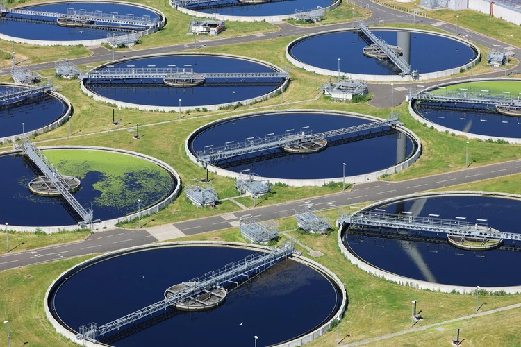 An aerial view taken from a helicopter of the a sewage treatment works in East London. The huge facility on the banks of the river Thames processes waste from a large part of the capital city.